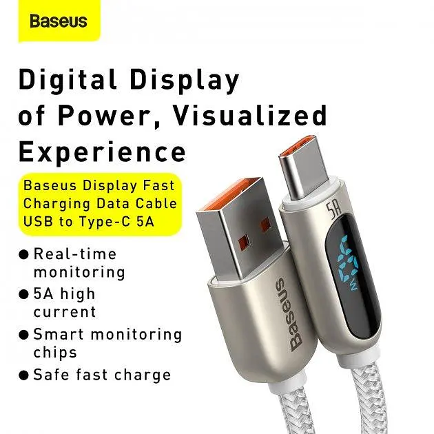 Кабель Baseus Display Fast Charging Cable USB to Type-C 5A 1m CATSK-02 White - фото 8