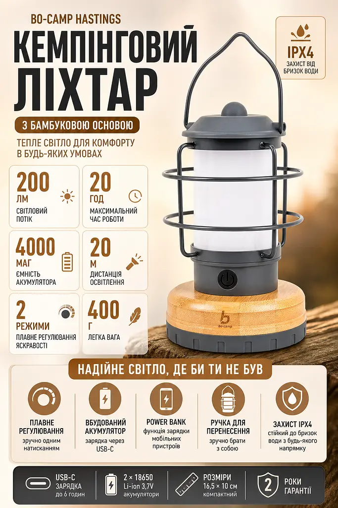 Ліхтар кемпінговий Bo-Camp Hastings Rechargeable 200 Lumen Bamboo з функцією Powerbank Сірий - фото 3