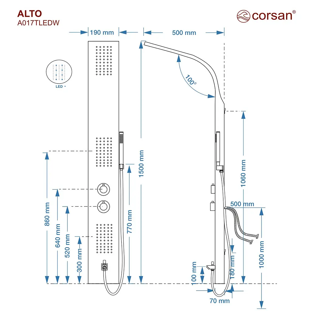 Душова панель Corsan Alto black LED з виливом та термостатом A017TBLLEDW, Чорний матовий - фото 2