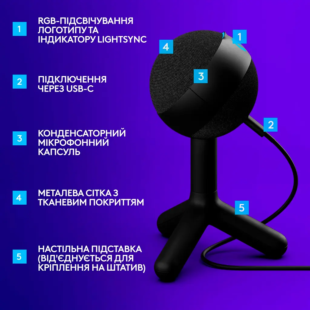 Мікрофон Logitech G Yeti Orb RGB Black (988-000551) [119861] - фото 12