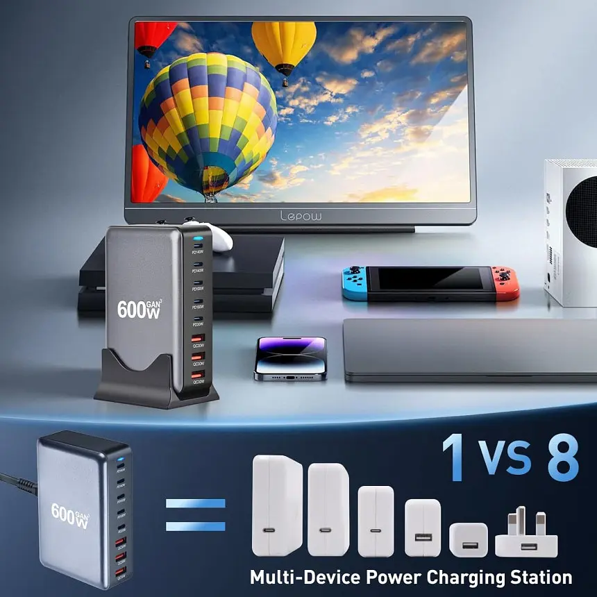 Зарядная станция ILEPO 600W многопортовая на 3 USB + 5 Type-C / сетевое мультизарядное устройство Black (19027) - фото 4