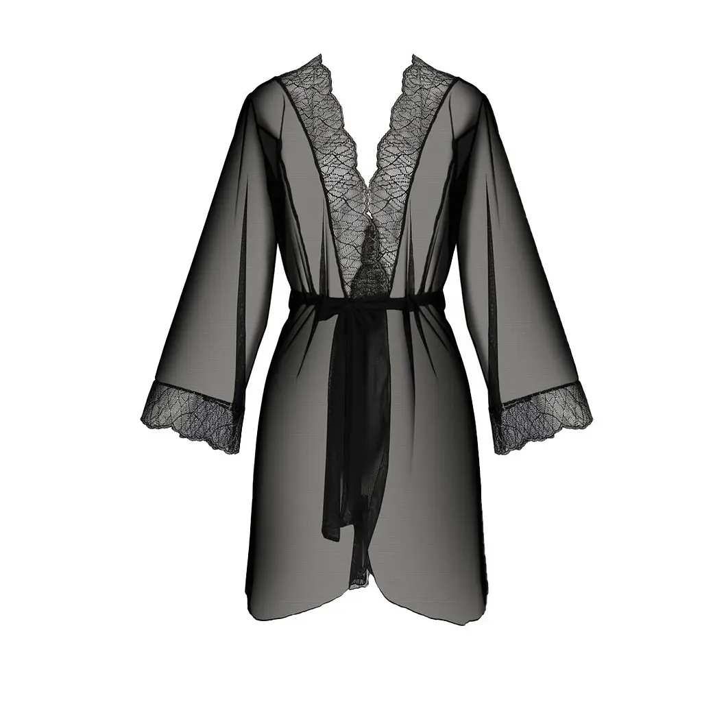 Пеньюар Passion AMBERLY PEIGNOIR 4XL/5XL, black, ажурні декольте та манжети, широкі рукави - фото 3
