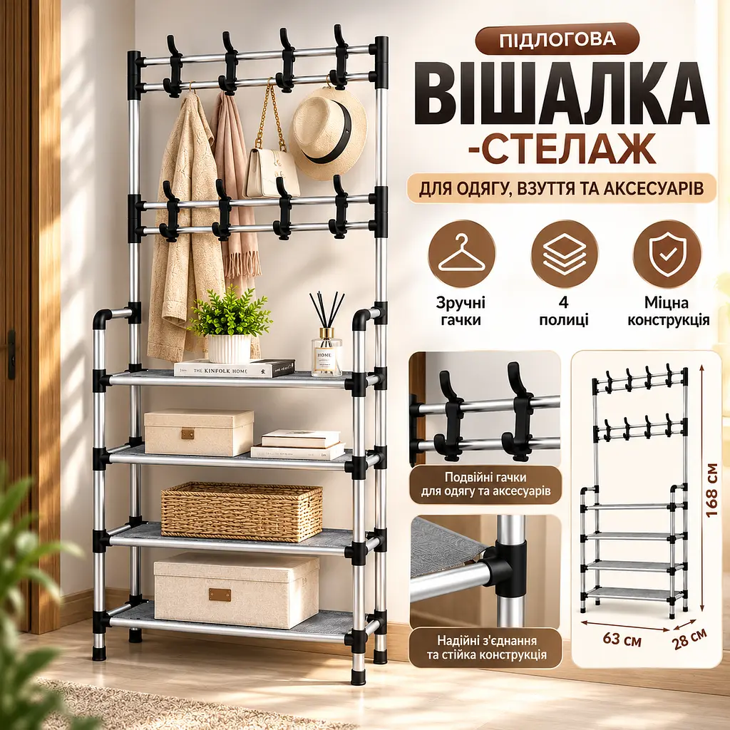 Підлогова вішалка - стелаж із закритою взуттєвою шафою на 4 дверці BXMJ 6205 63×28×168 см - фото 2