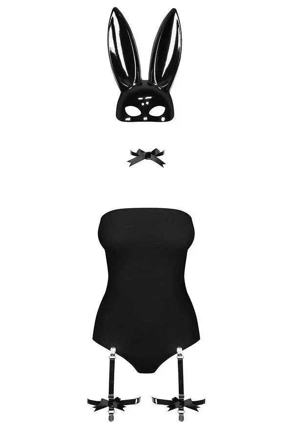 Еротичний костюм кролика Obsessive Bunny costume S/M, black, боді, чокер, гартери, панчохи, маска - фото 3