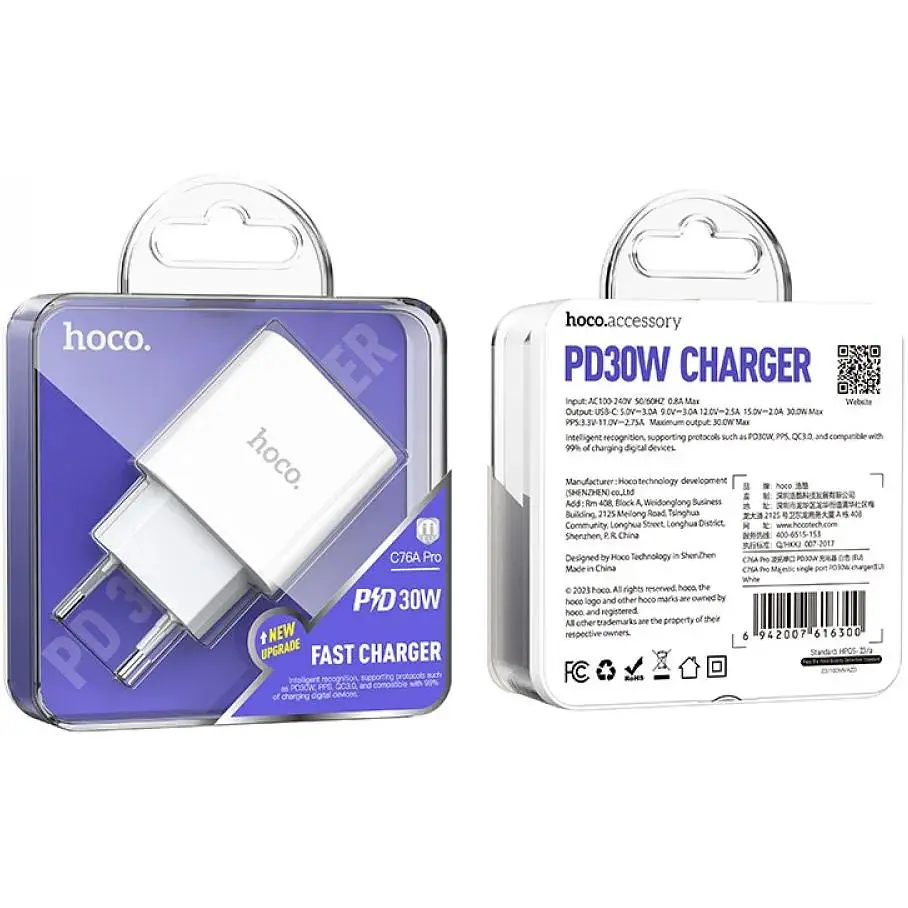 Зарядний пристрій Hoco C76A Pro 1Type-C PD/QC 30W PPS White - фото 2