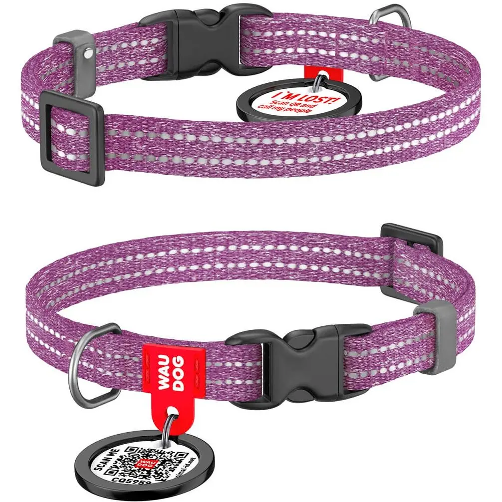 Ошейник для кошек и собак мини-пород Waudog Re-cotton, из восстановленного хлопка, светоотражающий, с QR паспортом, XS, 20-30х1 см, фиолетовый - фото 3