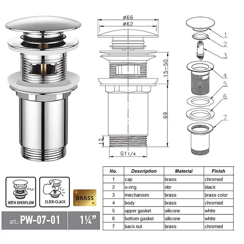Донний клапан для раковини Koer PW-07-01 з переливом автоматичний Click-Clack 1 1/4″ Хром KR5782 - фото 2