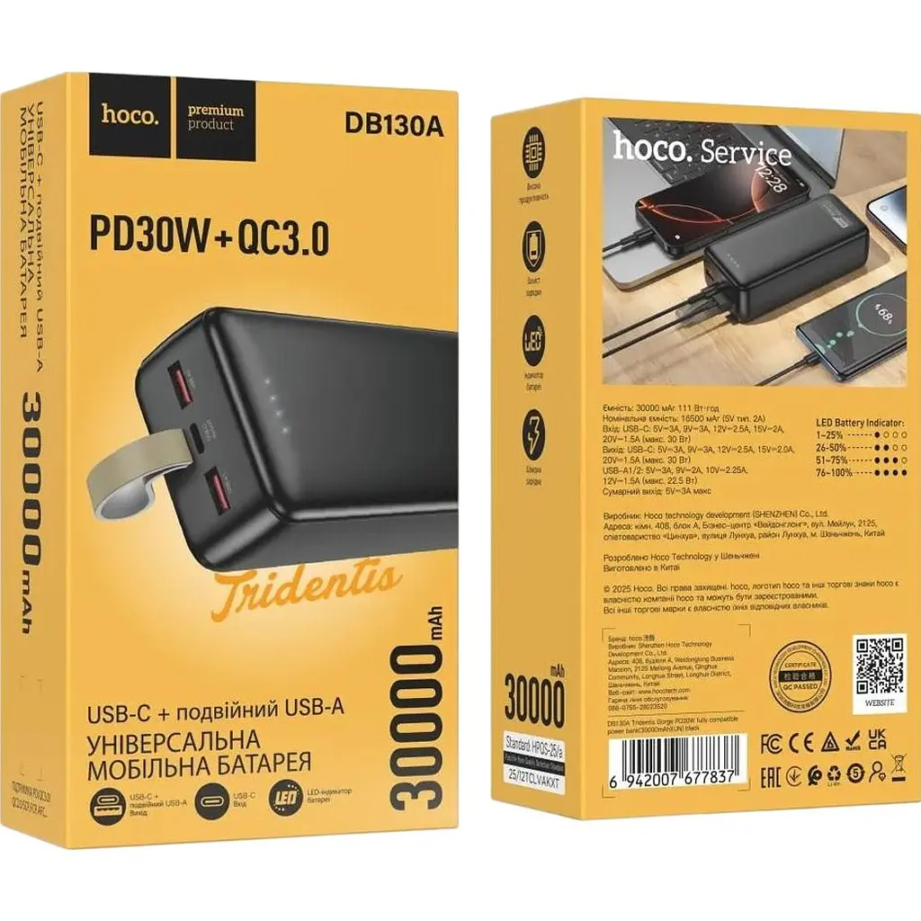 Зовнішній акумулятор Hoco DB130A Tridentis 30000mAh 30W Black [168598] - фото 4