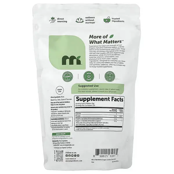 Спіруліна Organic Spirulina Chlorella 720 Tablets Micro Ingredients vit0004890 - фото 2