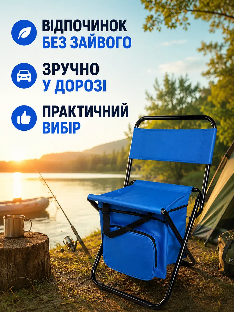 Складаний туристичний стілець із термосумкою до 100 кг 35×28×59 см синій (49676085) - фото 9