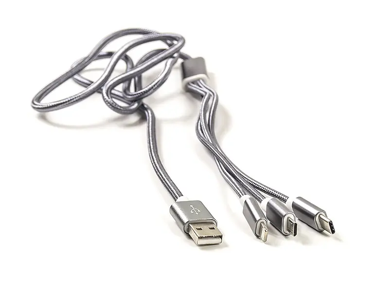 Кабель PowerPlant 2.1A 3-в-1 USB AM - Type-C/Lightning/Micro, 1.2м, сірий (CA910663)