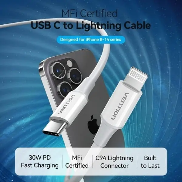 Кабель USB 2.0 Type-C M-Lightning M, 1.0 м, PD 27W, PVC, білий Vention - фото 3
