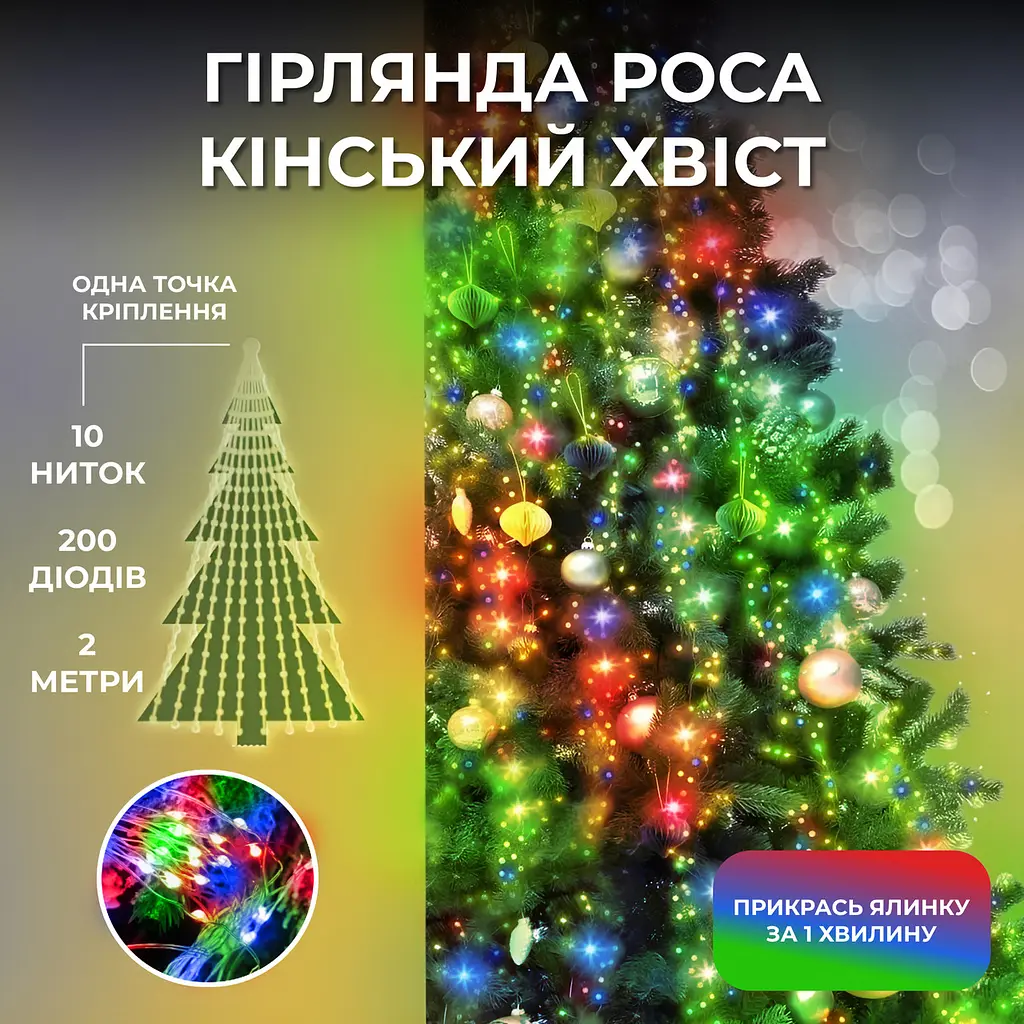 Гірлянда Кінський хвіст 200 LED 10 ниток довжина 2 метри, мультиколор GarlandoPro 173309ML - фото 19