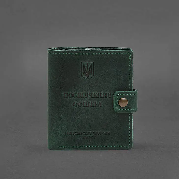 Шкіряна обкладинка-портмоне для посвідчення офіцера з кишенею для жетона 11.1 зелена Crazy Horse - фото 7