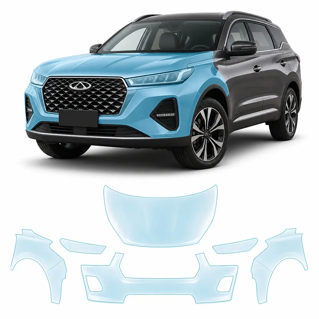 Антигравійна захисна бронеплівка за лекалами для Chery Tiggo 7 Pro I facelift 2023- передня частина авто (капот бампер крила))