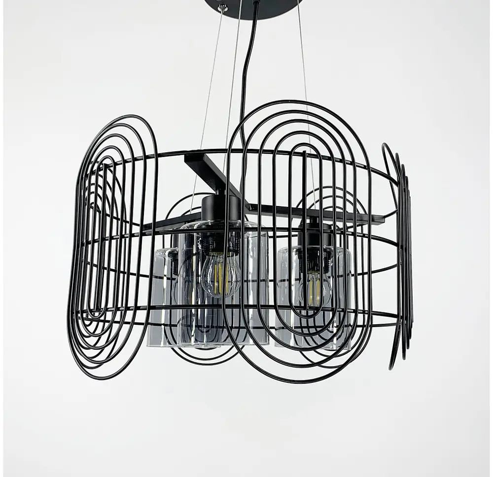 Подвесная люстра в стиле лофт на 3 лампы в черном корпусе Line.F Цвет плафона Янтарный - фото 2