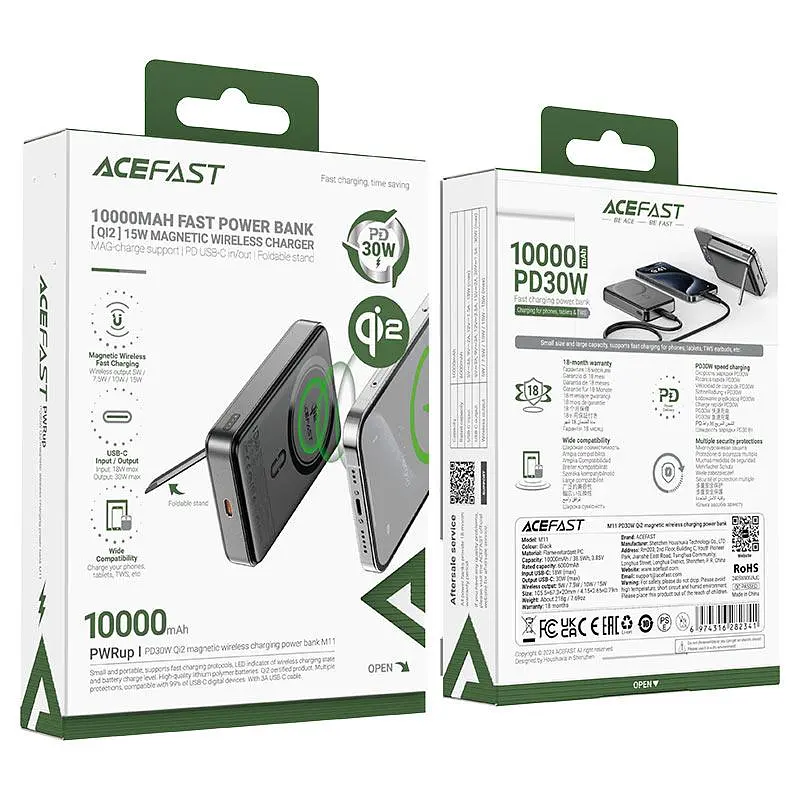 Зовнішній аккумулятор ACEFAST M11 PD30W Qi2 magnetic wireless charging power bank 10000 mAh чорний - фото 2