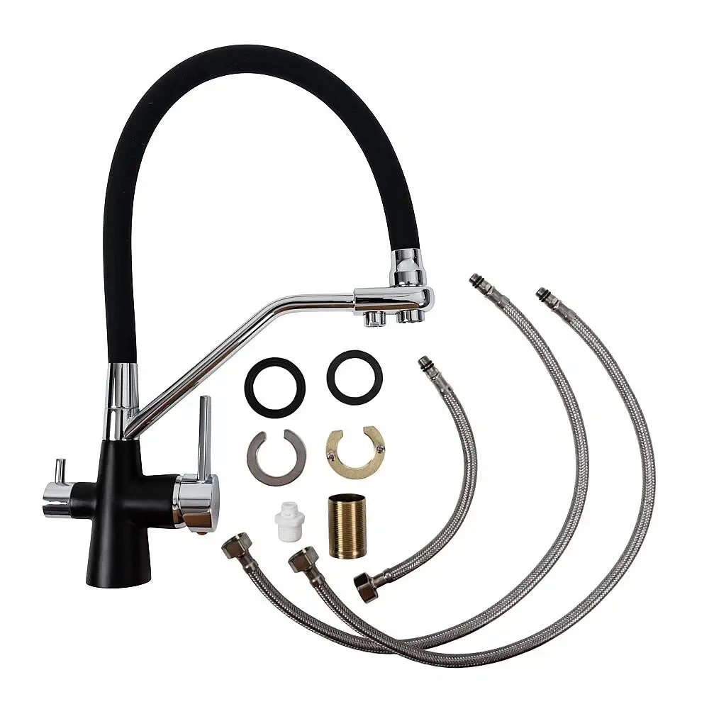 Змішувач Platinum LN077 з функцією фільтра гнучкий поворотний двоважільний з нержавіючої сталі чорний - фото 2