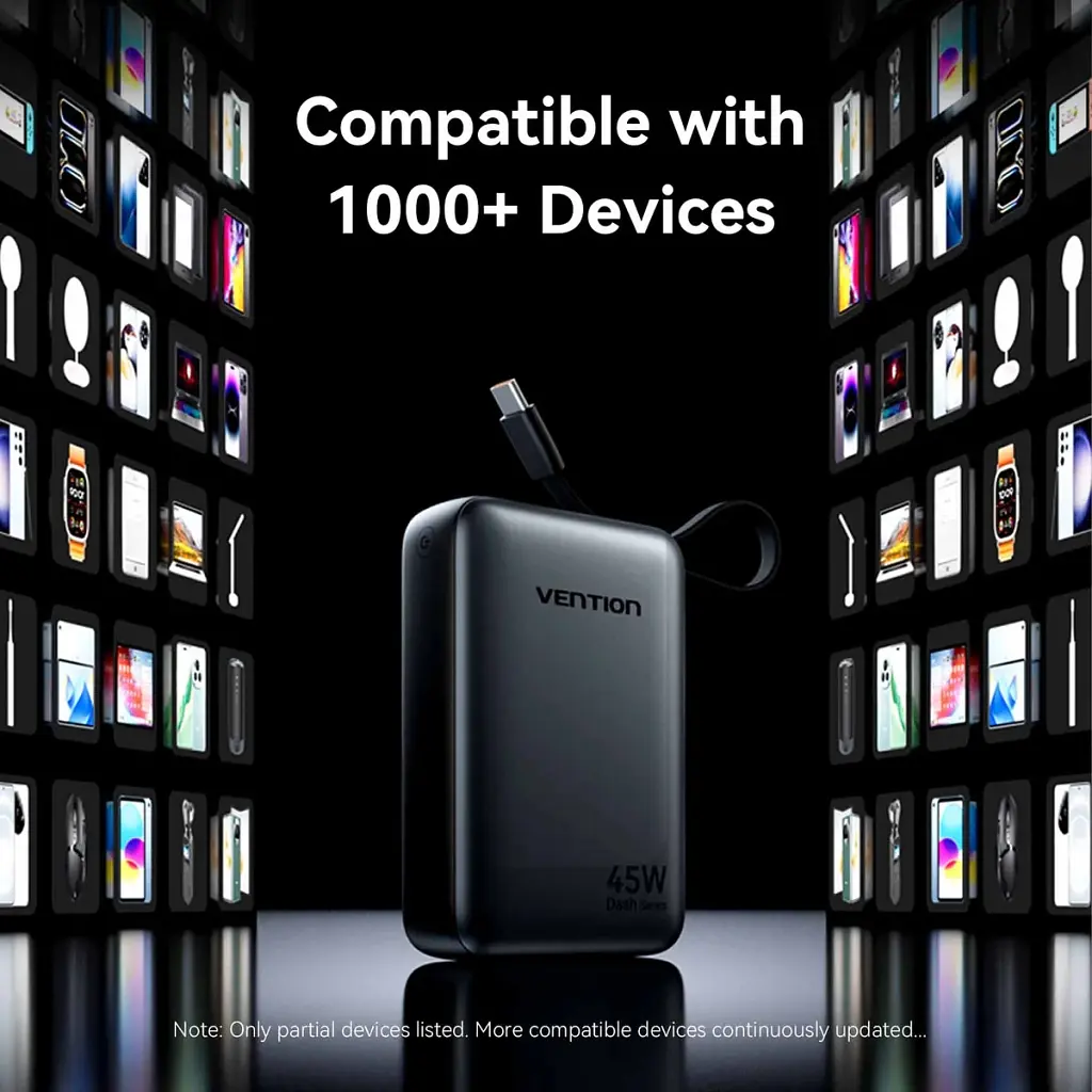 Батарея універсальна Vention 20000 mAh 45W Mini with Built-in USB-C Cable Gray (FHGH0) - фото 9