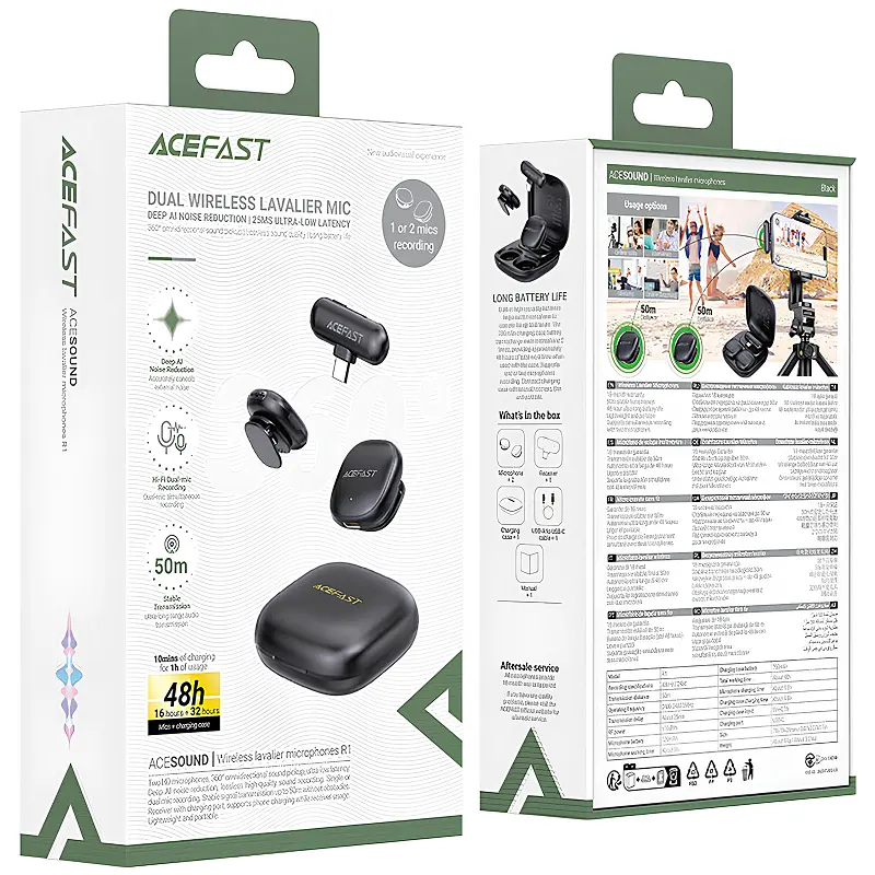 Петличный беспроводной микрофон Acefast R1 Dual-mic Lightning Black - фото 5