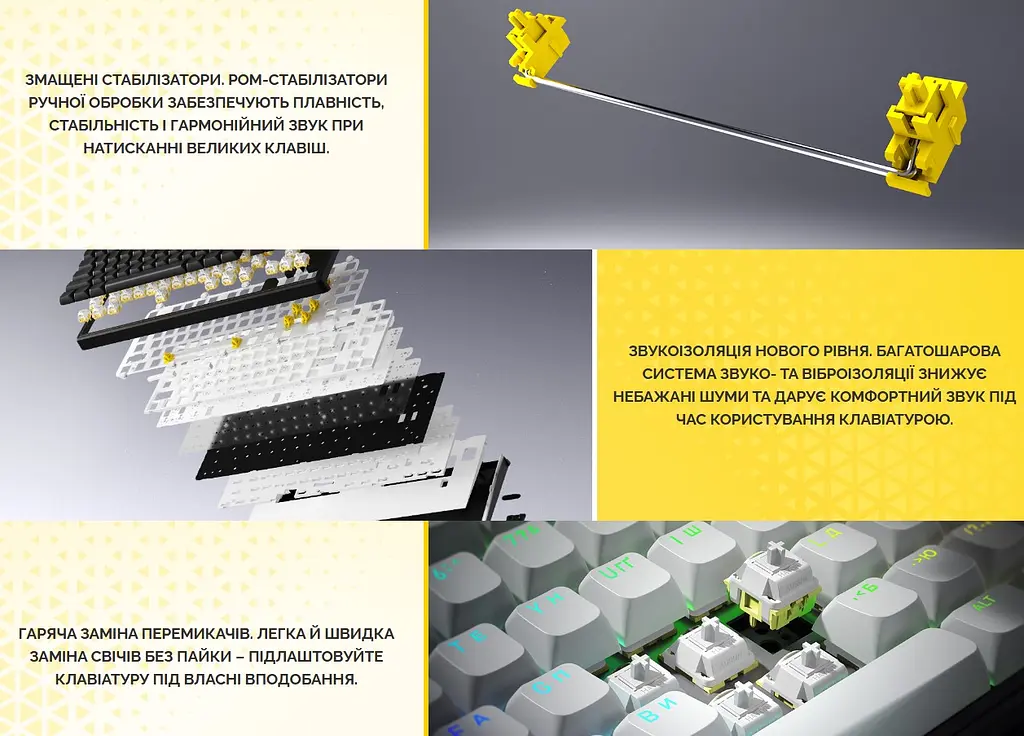 Клавіатура ігрова механічна HATOR HTK-3100-UA Skyfall 100 Wireless Aurum Lemon Switch USB, 2,4 ГГц, BT 5.3 Black-White - фото 7