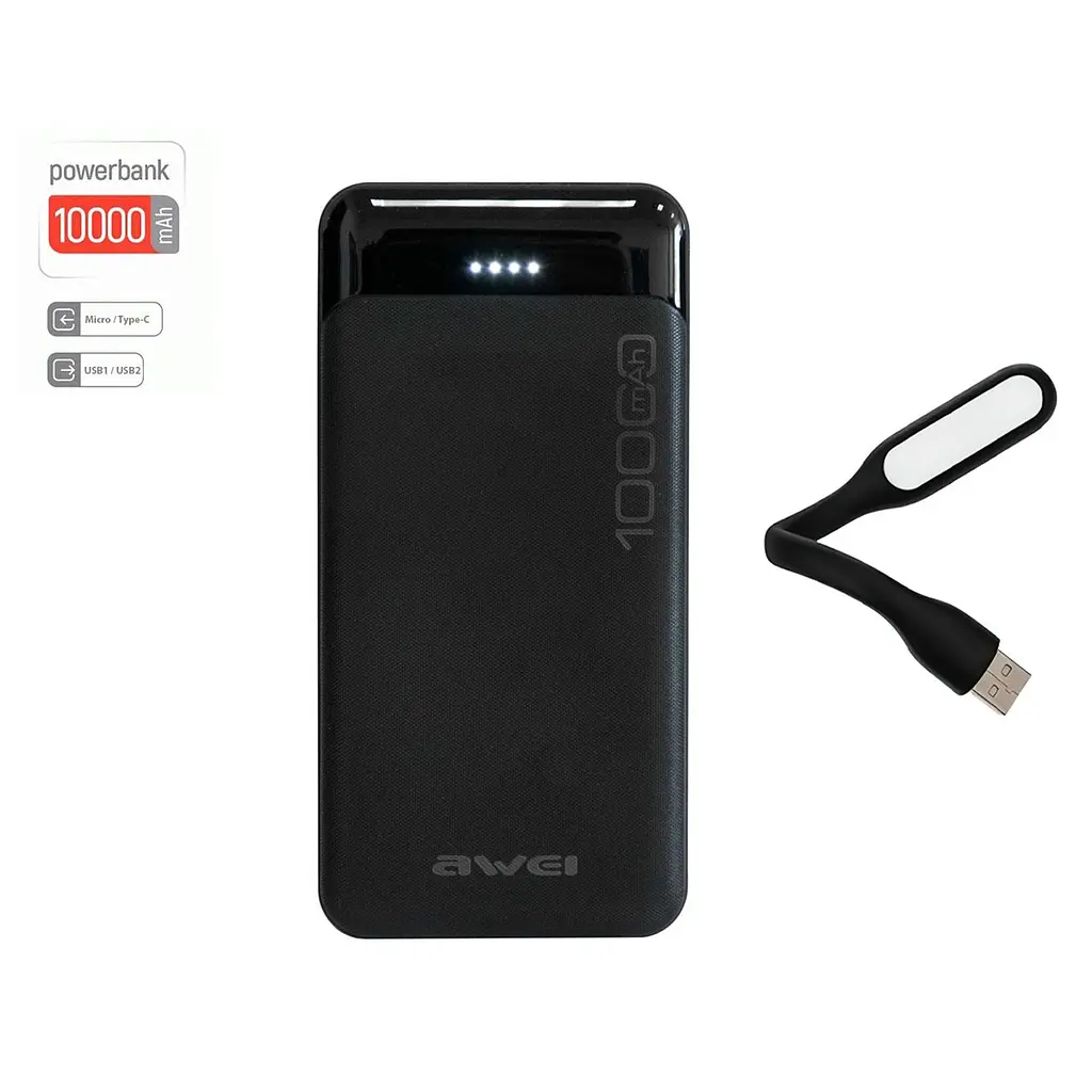 Powerbank для телефону повербанк чорний 10000mAh Awei P37K та USB ліхтарик для ноутбука 1.2W - фото 2
