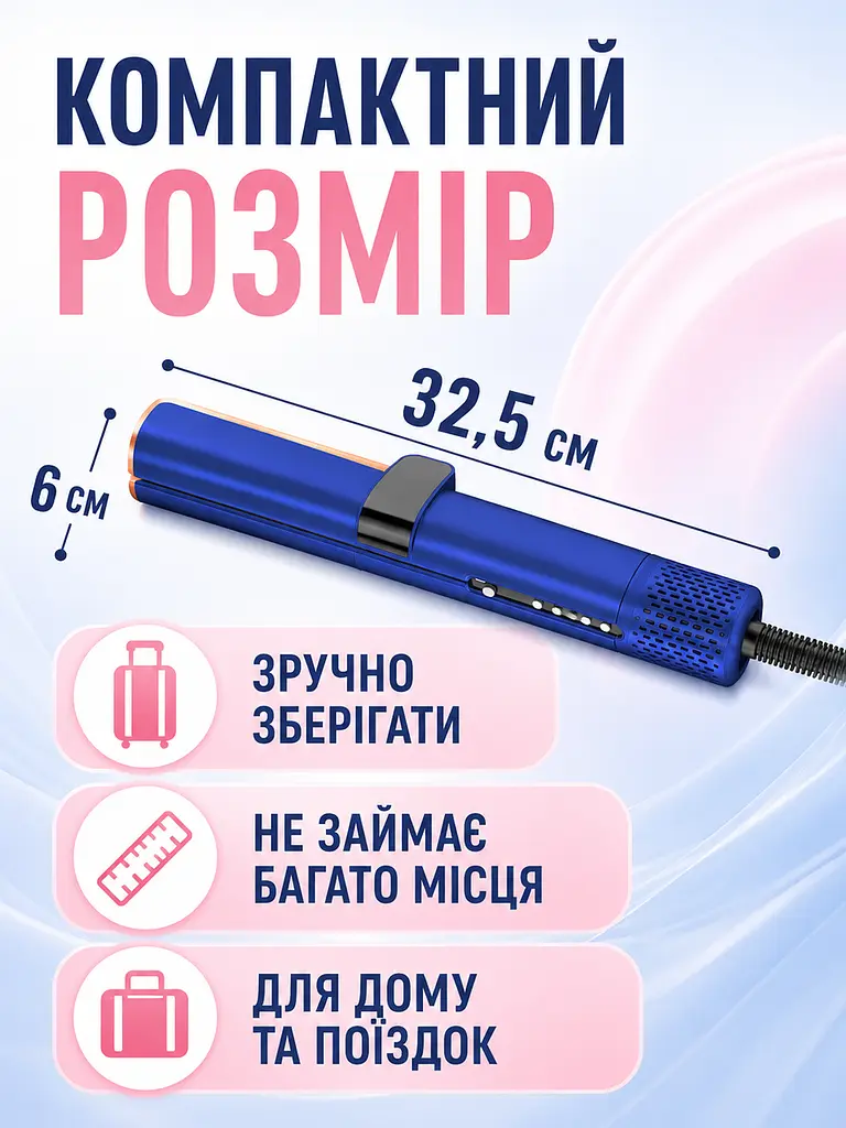 Фен-стайлер синій 1000 W з LED-дисплеєм для вологого та сухого волосся (49675935), Синій - фото 8