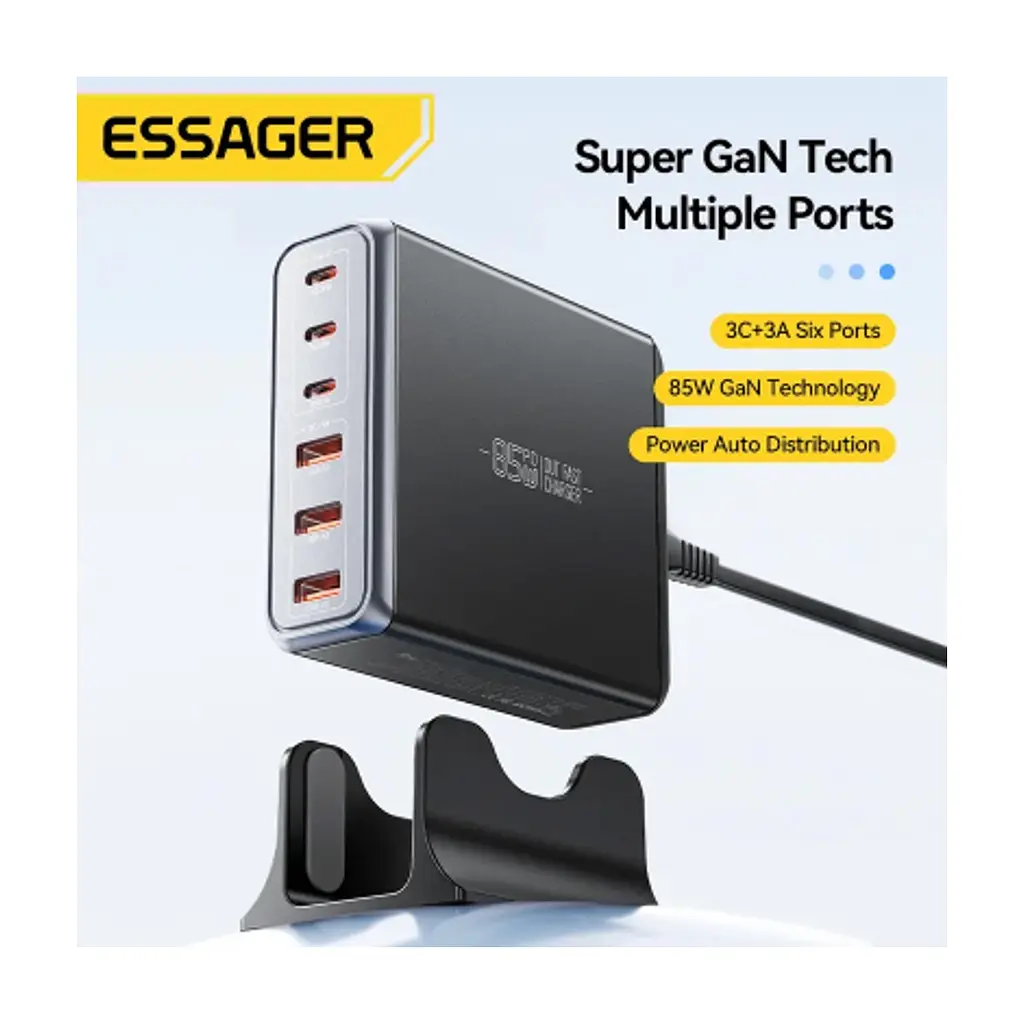 Зарядний пристрій Essager 3xUSB-C + 3xUSB-A 85W GaN black (EZC85W-SXB0G-Z) - фото 2