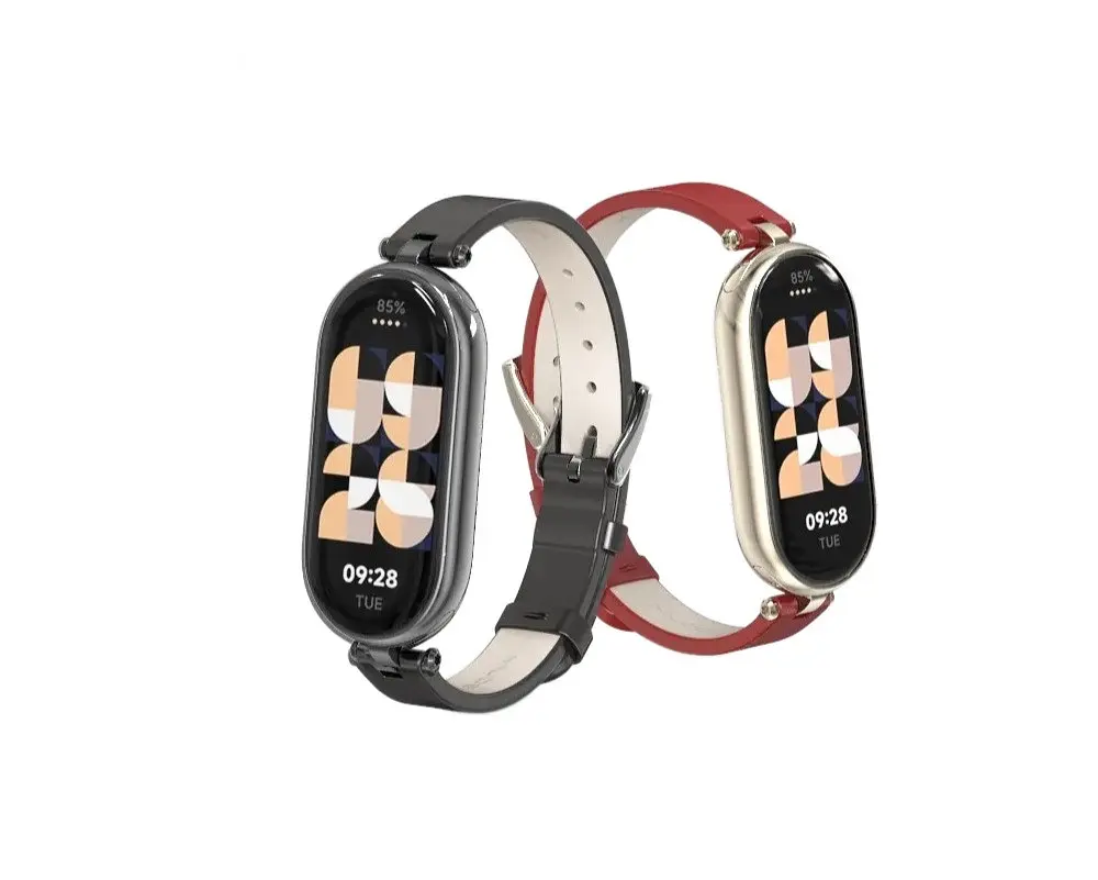 Шкіряний ремінець MiJobs для фітнес-браслета Xiaomi Mi Band 8 і 9 Type A червоний, тримач - золотистий - фото 3