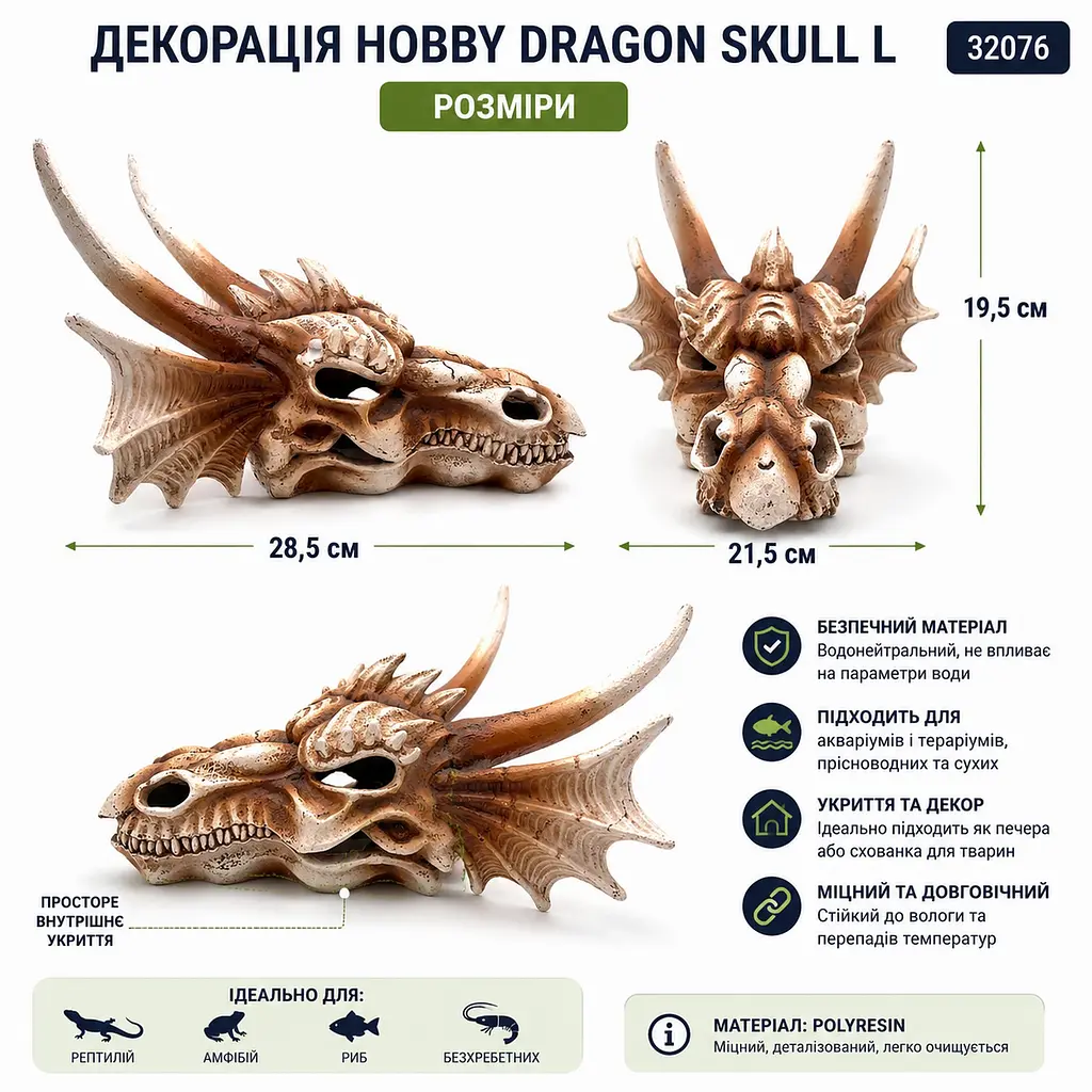 Декорація череп дракона Hobby Dragon Skull L 28,5×21,5×19,5 см для акваріума і тераріума (32076) - фото 5