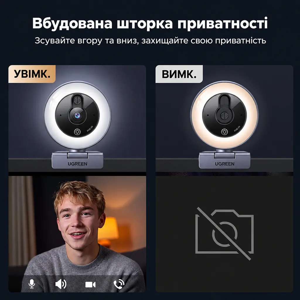 Вебкамера з підсвічуванням UGREEN CM910 2K 30 кадр/с з роз’ємом USB-C із сенсорним перемиканням (65857) - фото 6