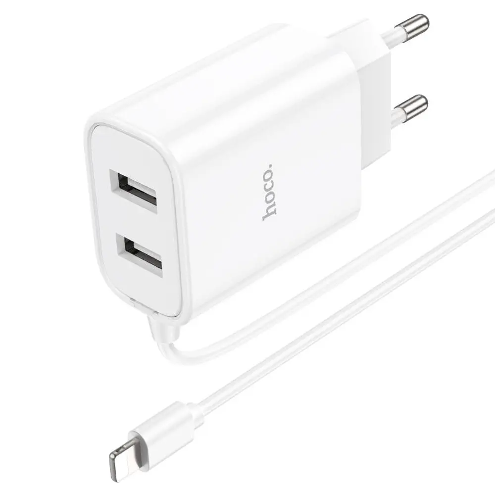 Зарядний пристрій Hoco C103A 2 USB білий з кабелем Lightning - фото 3