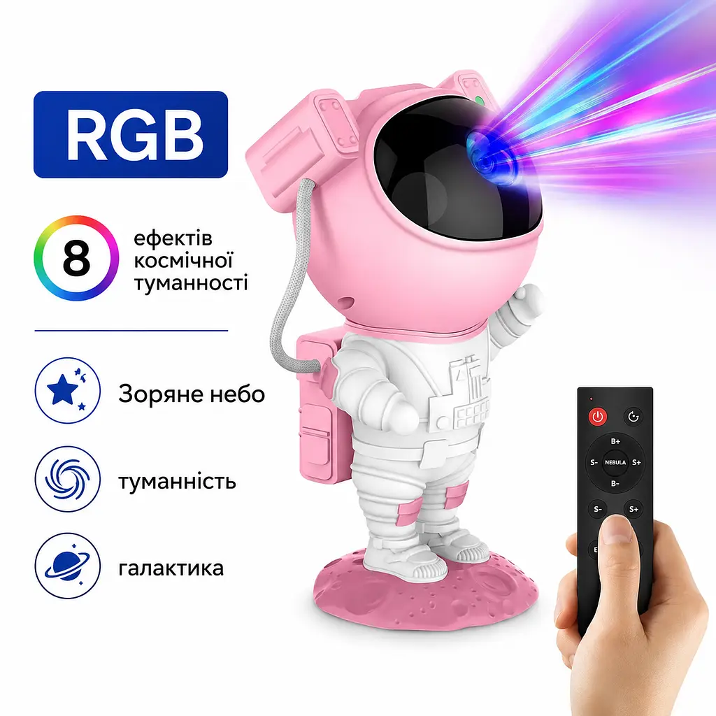 Нічник проектор AceGamer Астронавт RGB з пультом керування у вигляді зоряного неба та галактики рожевий (SKU-072) - фото 2
