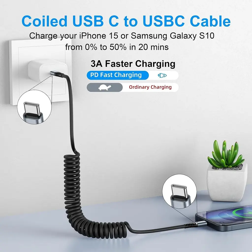 Кабель USB C до C 3 фута 2 пачки Спіральний USB C Зарядний кабель для автомобіля типу C Кабель швидкого заряджання для iPhone 17/1 - фото 2