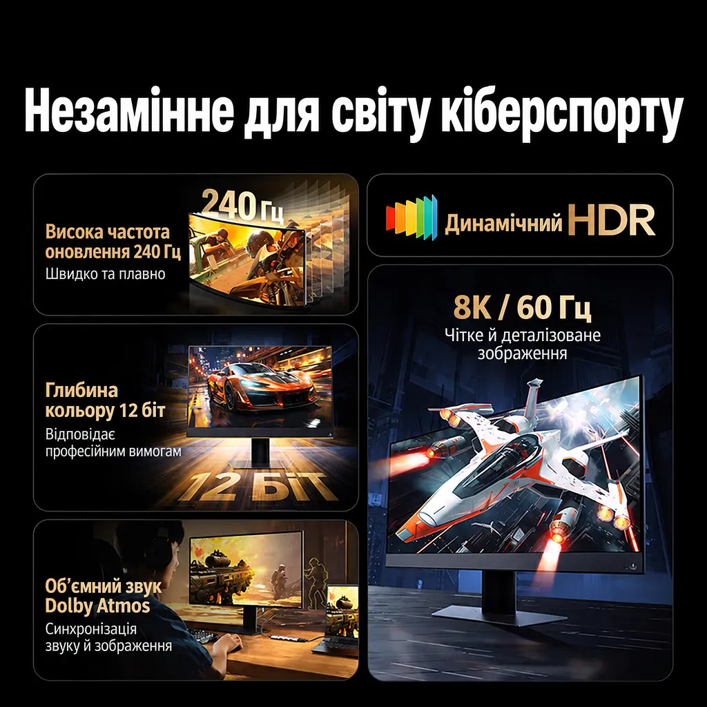 USB-C хаб UGREEN CM478 док-станція 5 в 1 HDMI 2.1 до 8K 60 Гц і 4K 240 Гц також 2K 240/144 Гц та 1080p 240 Гц 3 USB-A 2.0 вхід USB-C PD 3.0 до 100 Вт наскрізне заряджання для HDMI потрібен USB-C з DisplayPort Alt Mode режими потребують підтримки пристроєм кабелем і дисплеєм Plug and Play без драйвера хаба динамічний HDR Dolby Atmos колір 12 біт вбудований кабель в обплетенні близько 20 см космічний сірий (55611) - фото 7