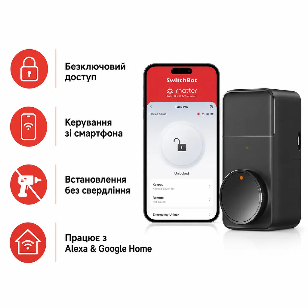 Розумний дверний замок SwitchBot Smart Lock Pro W8102000 безключовий смарт замок для дверей з керуванням зі смартфона чорний (SKU-115) - фото 2