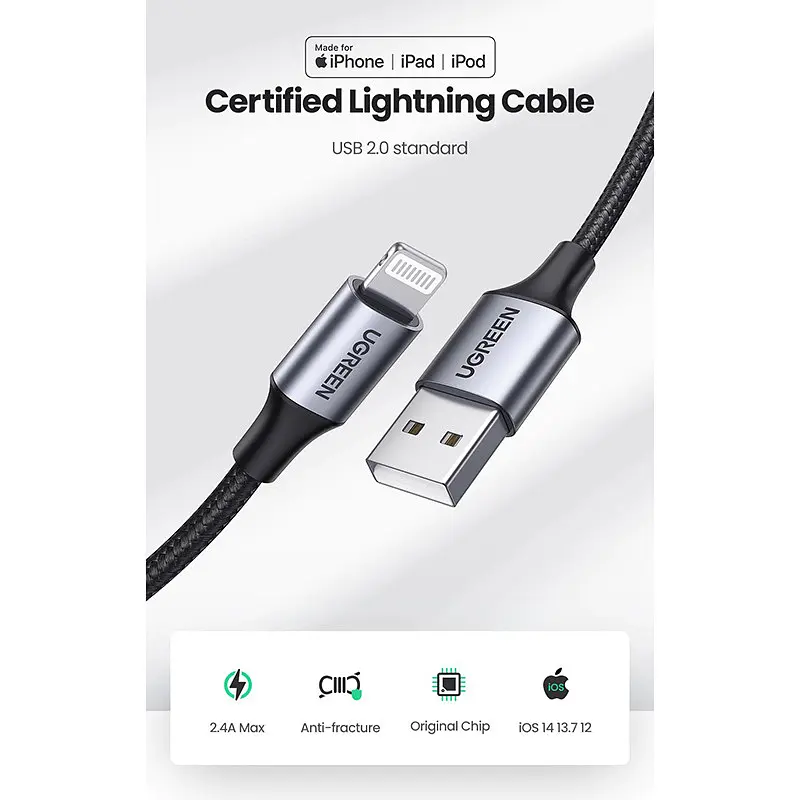 Кабель USB 2.0 AM-Lightning M, 1 м, 2.4A, Черный, US199 UGREEN - фото 3