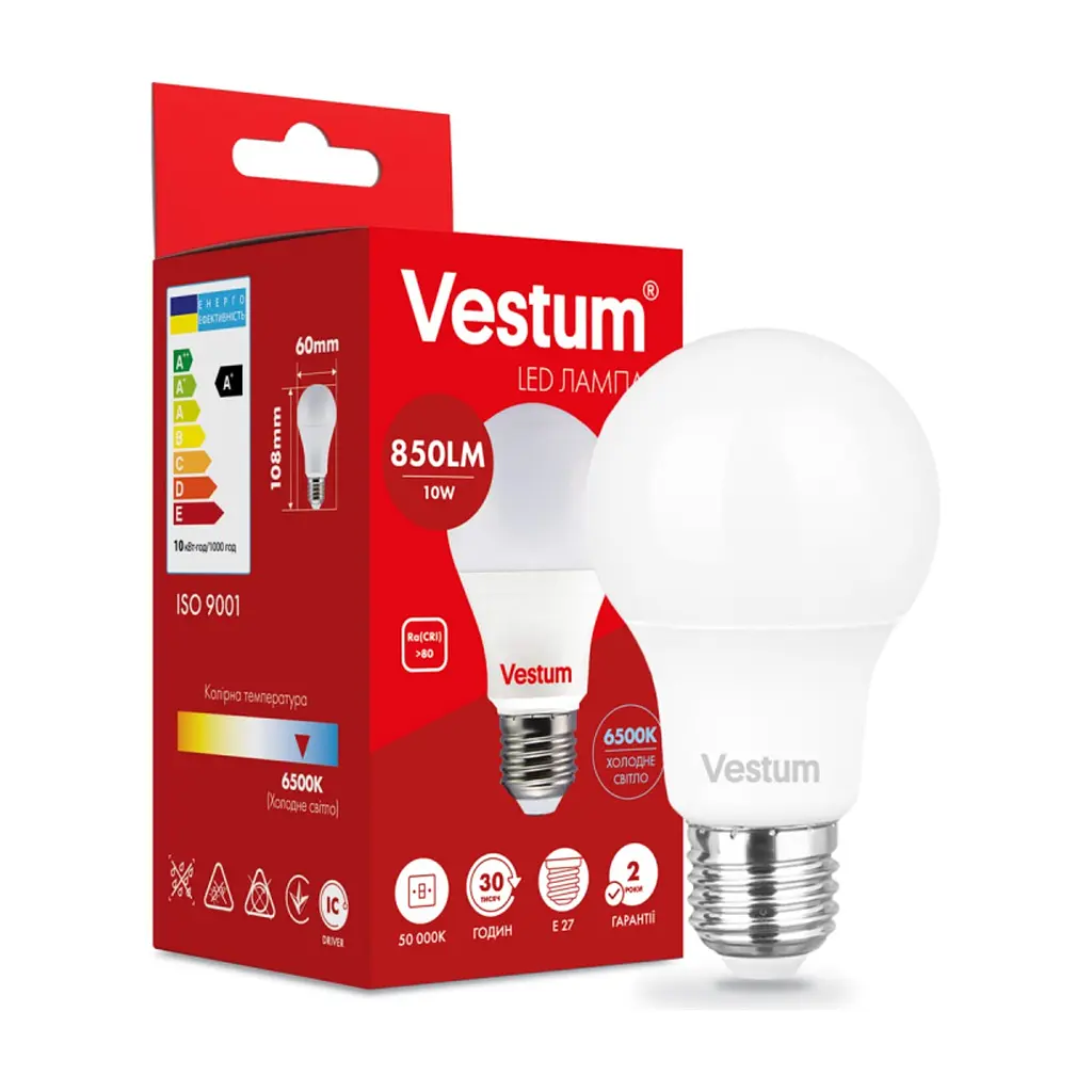 Лампочка Vestum LED A60 10W 6500K 220V E27 (1-VS-1114) - фото 2