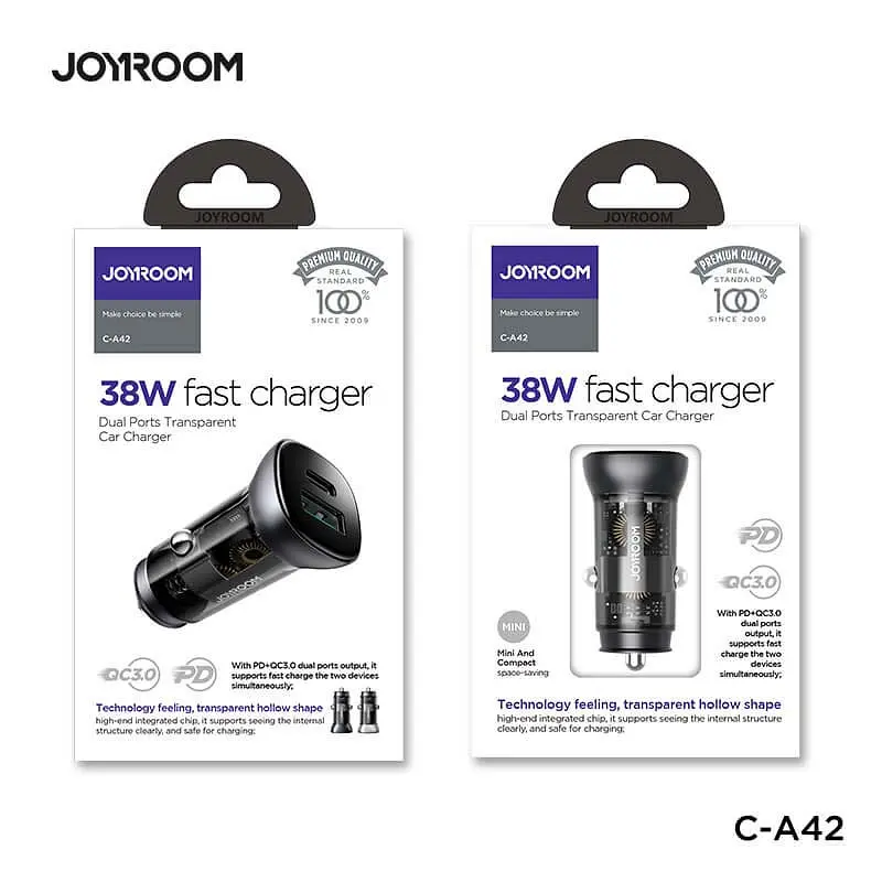 Адаптер автомобильный JOYROOM Dual ports transparent car charger C-A42 1USB/1Type-C, 38W/3A, PD/QC - фото 9