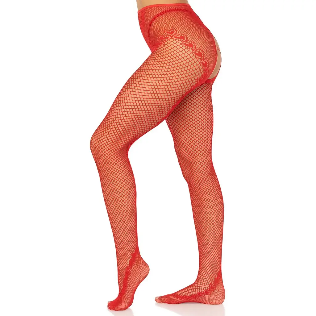 Панчохи Leg Avenue Crotchless Net Tights With Heart Backseam Red One Size - фото 2