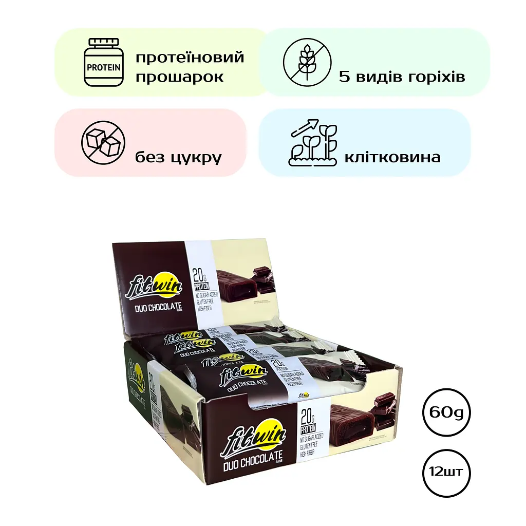Протеїнові батончики FitWin — 12 × 60 г Duo Chocolate
