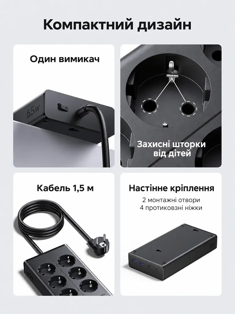 Мережевий фільтр із USB-заряджанням UGREEN S652 1,5 м подовжувач 6 розеток Schuko 2×USB-C + 2×USB-A навантаження розеток до 3680 Вт USB сумарно до 65 Вт USB-C1 PD 3.0 PPS до 65 Вт при окремому використанні із загальним вимикачем із захисними шторками розеток з можливістю настінного кріплення розетки під кутом 45° темно-сірий (55286) - фото 2