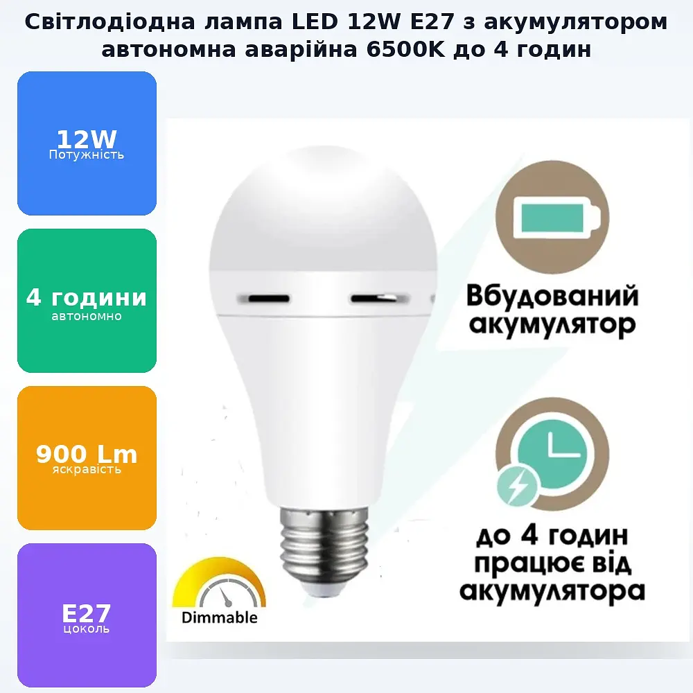 Світлодіодна LED лампочка працює від 220в та від акумулятора (до 4 годин) автономна аварійна лампа 12W E27 6500K - фото 2