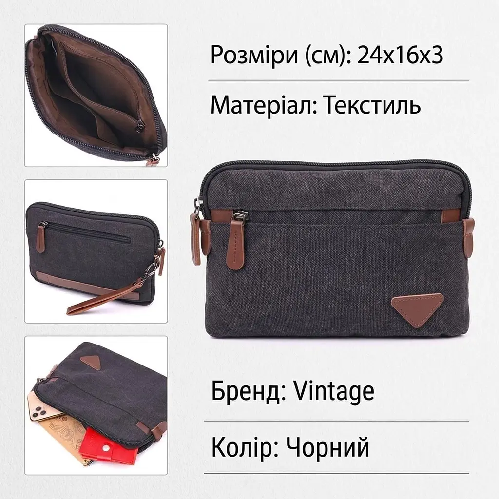 Зручна чоловіча барсетка текстильна 21258 Vintage чорна - фото 2