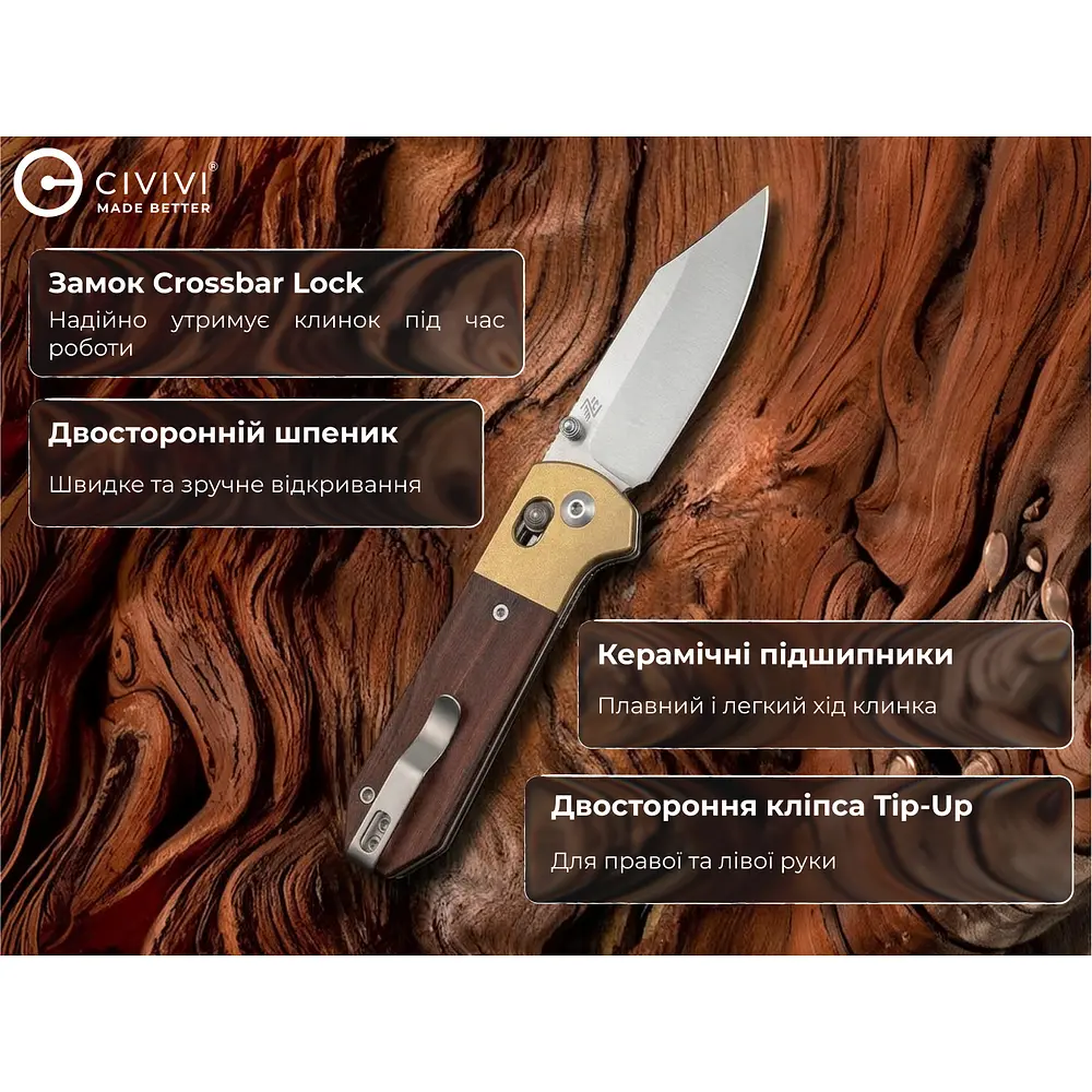Ніж складаний кишеньковий Civivi Yonder Clip Point (7.3 см) 14C28N / Wood and Brass натуральний - фото 14