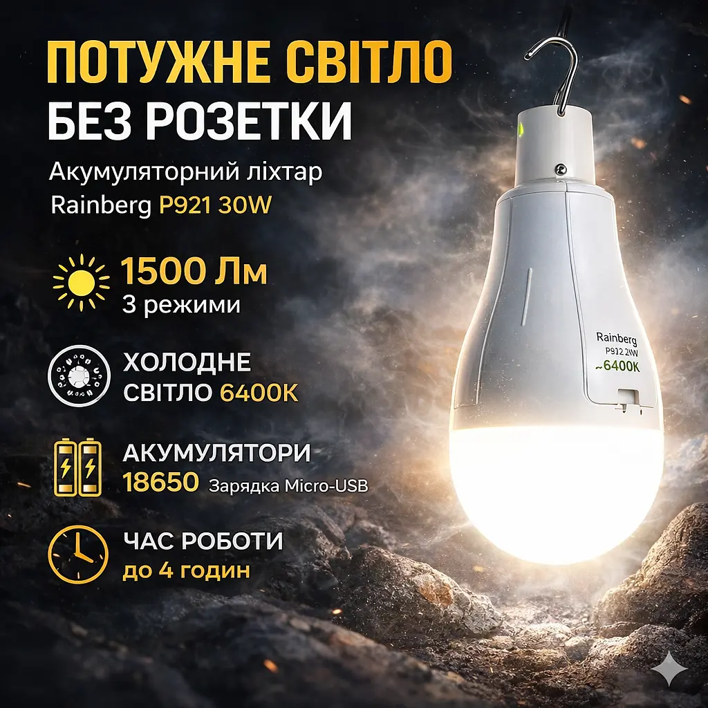 Лампочка кемпінгова Rainberg P921 30W акумуляторний, 1500 лм, холодне світло 6400K, 3 режими - фото 3