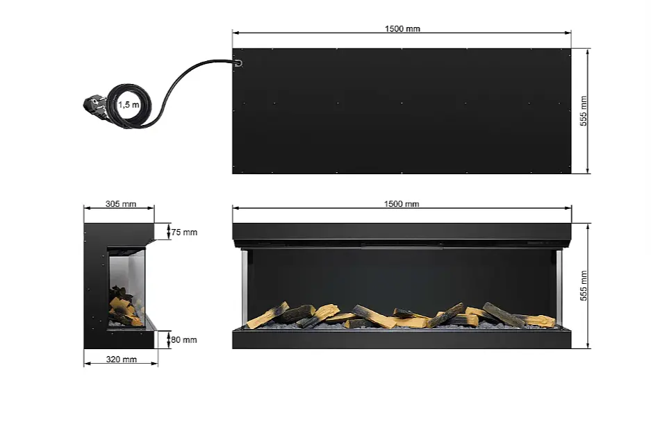 Тристоронній електрокамін ArtiFlame AF60TS — 150 см, 3D-ефект полум’я, LED-підсвічування та обігрів - фото 5
