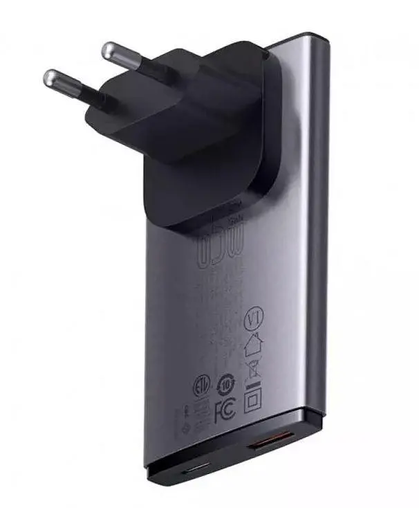 Сетевое зарядное устройство для Baseus GaN5 Pro Ultra-Slim 65 W (2 порта C+U) с кабелем 100 W (CCGP150113) серое - фото 3