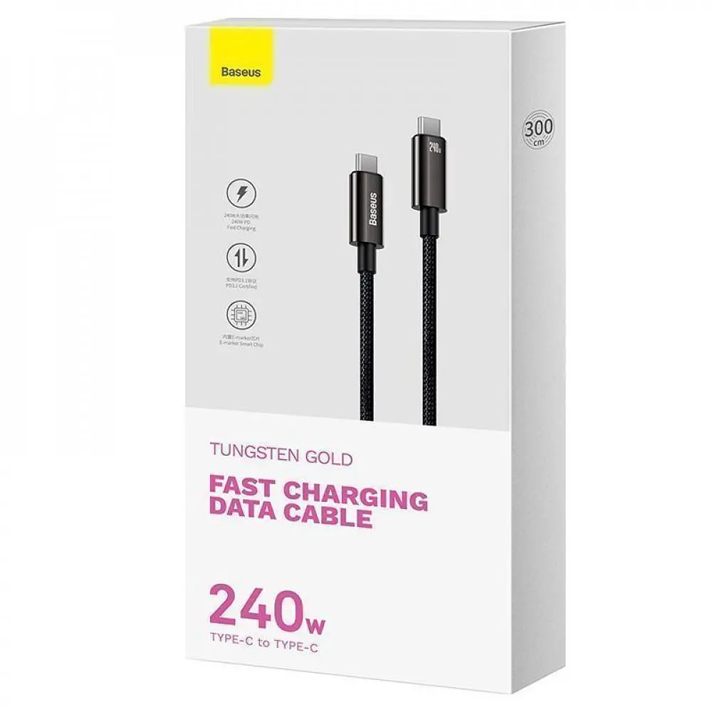 Кабель Baseus Tungsten Gold Fast Charging Data Cable Type-C to Type-C 240W 3m Black (CAWJ040201) - фото 3
