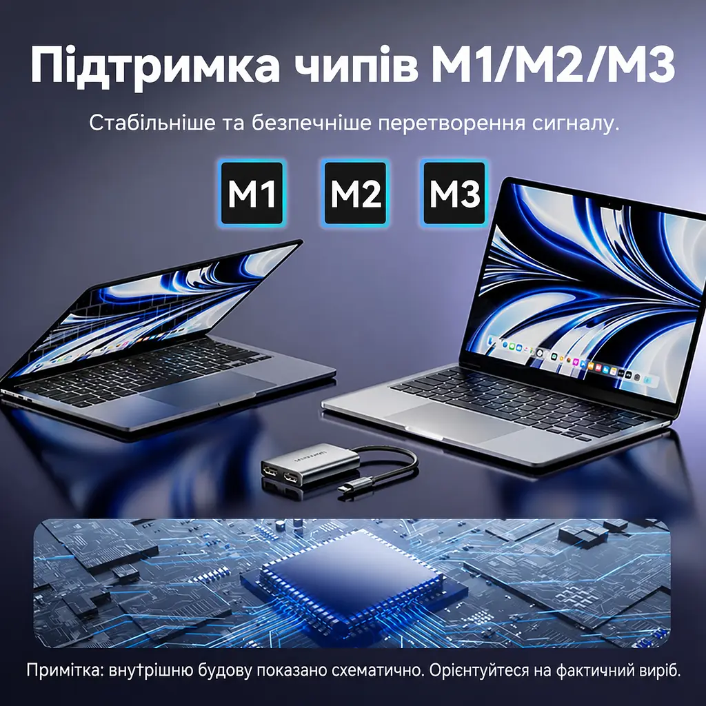 MST-відеоадаптер для двох дисплеїв Vention USB-C штекер на два HDMI-гнізда Одночасний вивід 4K 30 Гц на HDMI 1 та 1080p 60 Гц на HDMI 2 Порт USB-C пристрою має підтримувати DP Alt Mode Для першого використання потрібне налаштування UDisplay Режими дублювання та розширення екрана Сумісність із Windows та macOS З вбудованим кабелем 0,15 м Сірий (ACZHB) - фото 5